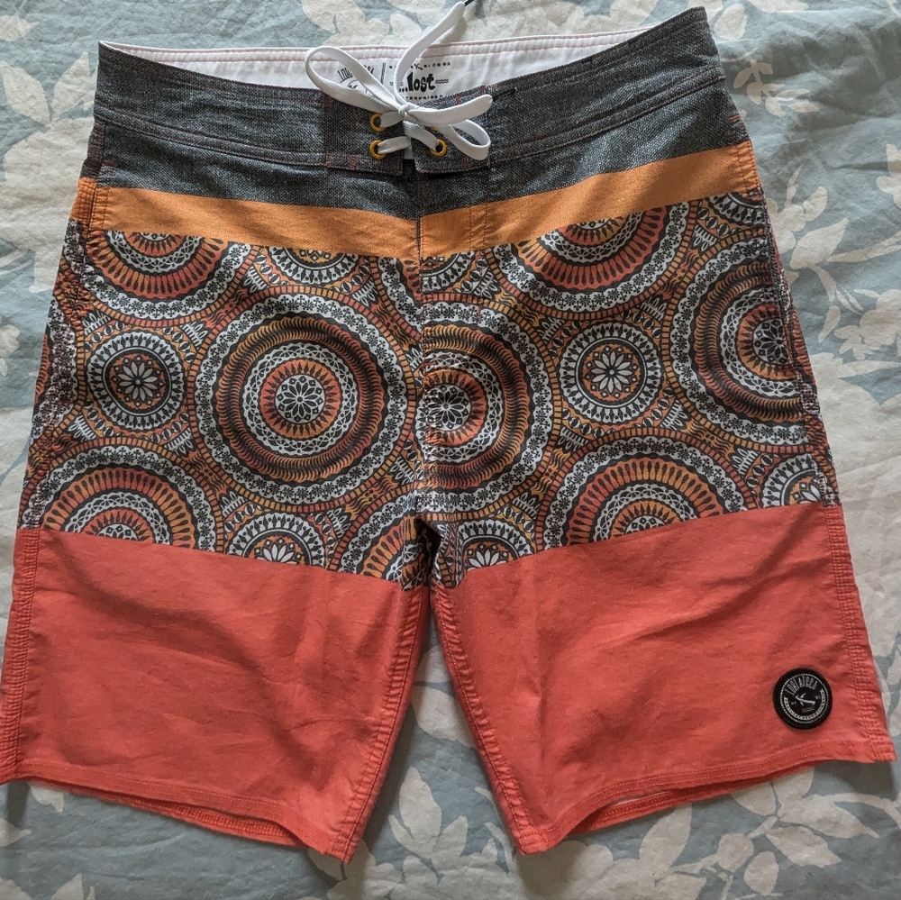 Lost at sea Orange & Gray mandala print  man's shorts -size 32